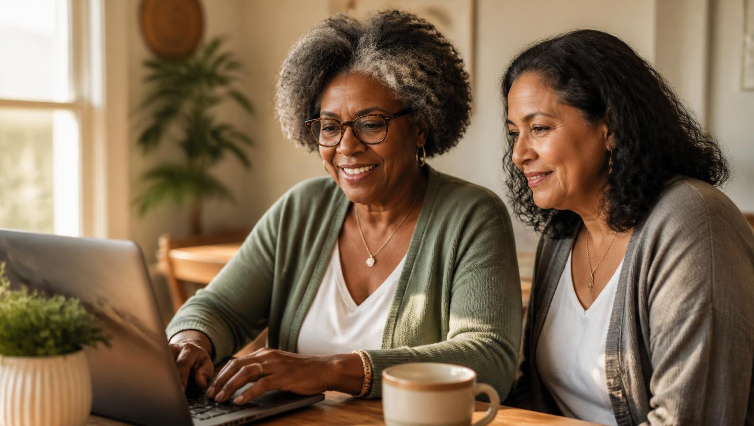 Two confident women in their fifties and sixties using a laptop together in warm natural light
